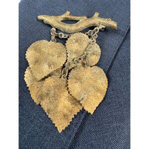 Vintage Gold-Tone Leaf Brooch Pin With Branch Design And Chain Details
